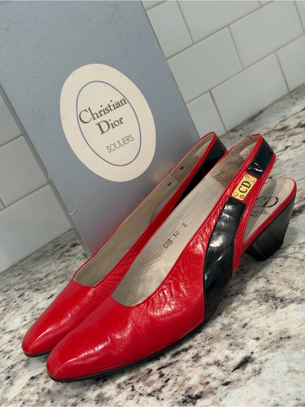 Dior Red and Black Leather Slingback Pumps with CD Accent